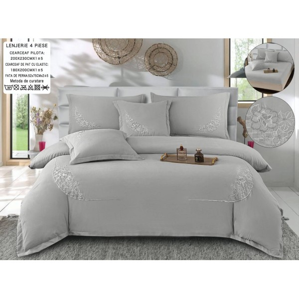 Set Lenjerie , Eleganta de Lux, Bumbac fin cu Broderie, 6 piese, Cearceaf de pat cu elastic 180x200 cm ,cutie cadou LCPE1