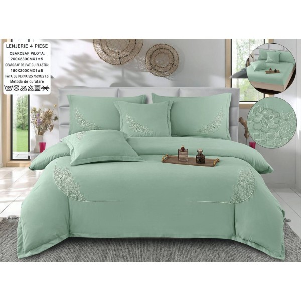 Set Lenjerie , Eleganta de Lux, Bumbac fin cu Broderie, 6 piese, Cearceaf de pat cu elastic 180x200 cm ,cutie cadou LCPE2