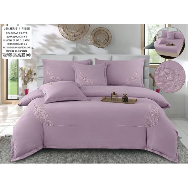 Set Lenjerie , Eleganta de Lux, Bumbac fin cu Broderie, 6 piese, Cearceaf de pat cu elastic 180x200 cm ,cutie cadou LCPE3