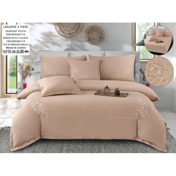Set Lenjerie , Eleganta de Lux, Bumbac fin cu Broderie, 6 piese, Cearceaf de pat cu elastic 180x200 cm ,cutie cadou LCPE4