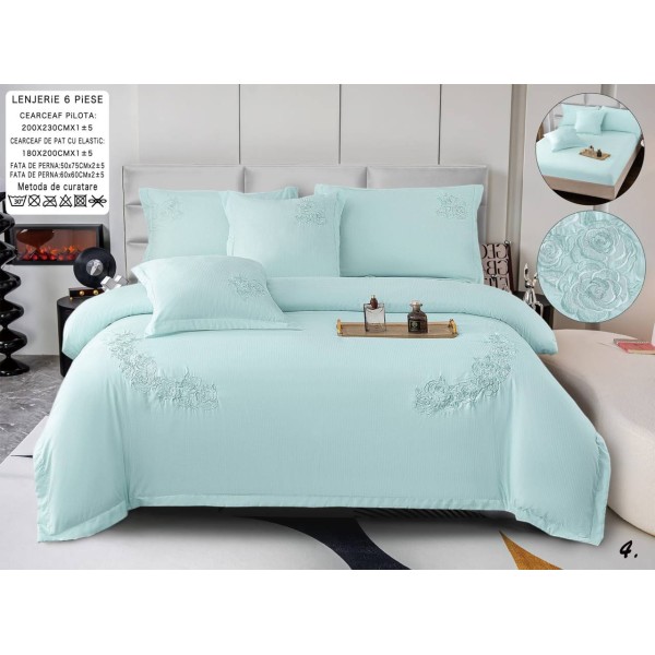 Set Lenjerie , Eleganta de Lux, Bumbac fin cu Broderie, 6 piese, Cearceaf de pat cu elastic 180x200 cm ,cutie cadou LCPE5