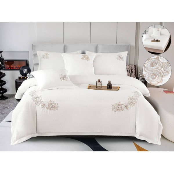 Set Lenjerie , Eleganta de Lux, Bumbac fin cu Broderie, 6 piese, Cearceaf de pat cu elastic 180x200 cm ,cutie cadou LCPE6
