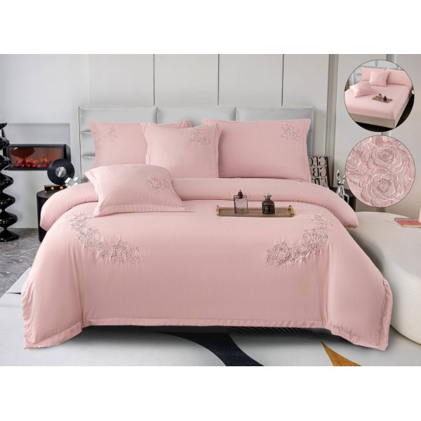 Set Lenjerie , Eleganta de Lux, Bumbac fin cu Broderie, 6 piese, Cearceaf de pat cu elastic 180x200 cm ,cutie cadou LCPE7