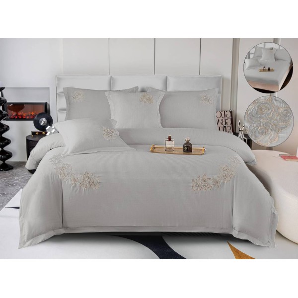Set Lenjerie , Eleganta de Lux, Bumbac fin cu Broderie, 6 piese, Cearceaf de pat cu elastic 180x200 cm ,cutie cadou LCPE8
