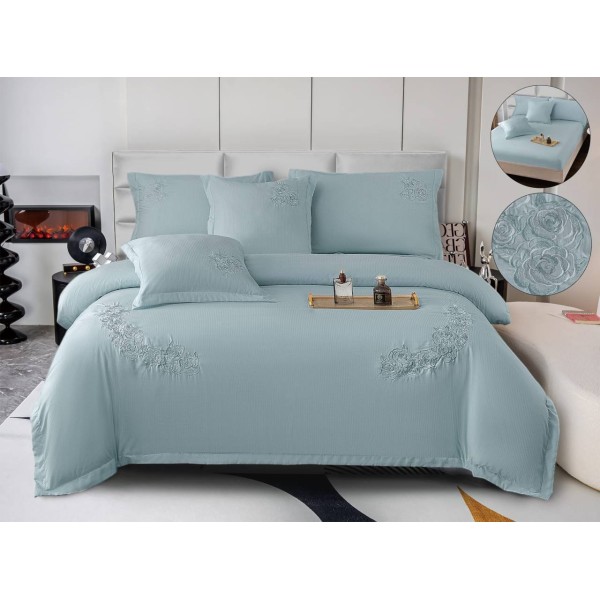 Set Lenjerie , Eleganta de Lux, Bumbac fin cu Broderie, 6 piese, Cearceaf de pat cu elastic 180x200 cm ,cutie cadou LCPE9