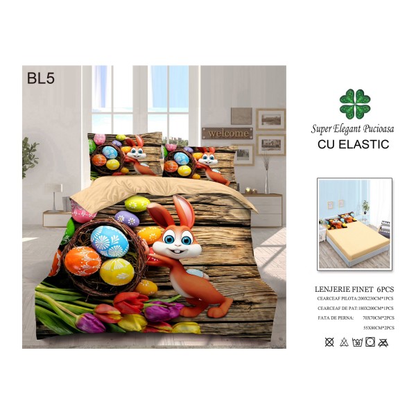Set Lenjerie Eleganta cu imprimeu de Paște, 6 piese din Finet, Cearceaf de pat 180X200 , Pat 2 Persoane, BL5