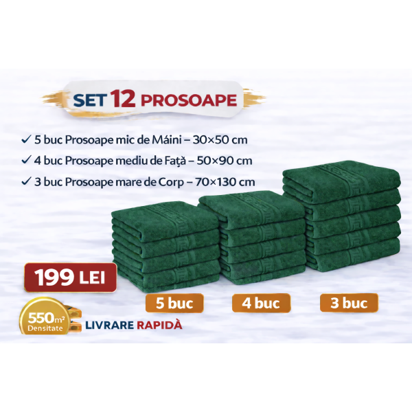 Set 12 Prosoape Maini/Fata/Corp, Bumbac 100%, 550g/m² - VERDE INCHIS PRS1