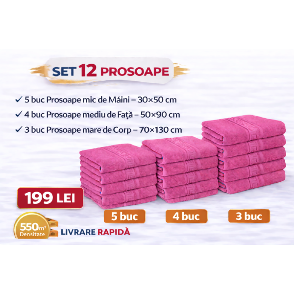 Set 12 Prosoape Maini/Fata/Corp, Bumbac 100%, 550g/m² - ROZ PRS2 Set 12 Prosoape Maini/Fata/Corp, Bumbac 100%, 550g/m² - ROZ PRS2