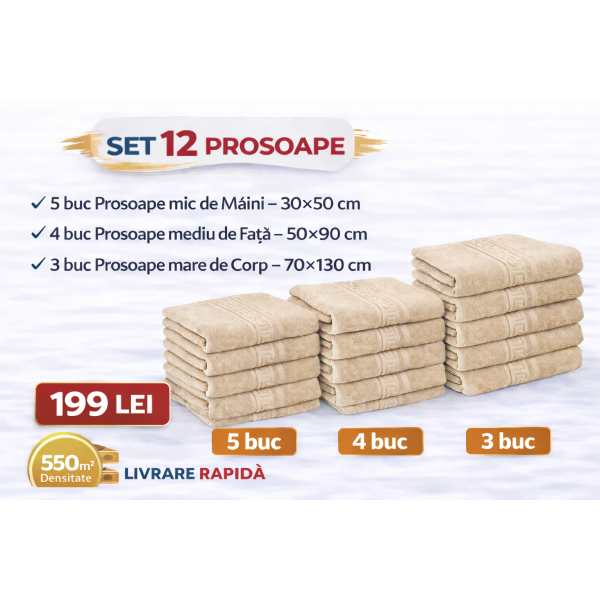 Set 12 Prosoape Maini/Fata/Corp, Bumbac 100%, 550g/m² - BEJ INCHIS PRS5