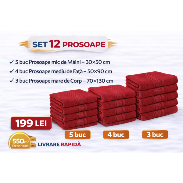 Set 12 Prosoape Maini/Fata/Corp, Bumbac 100%, 550g/m² - ROSU PRS6