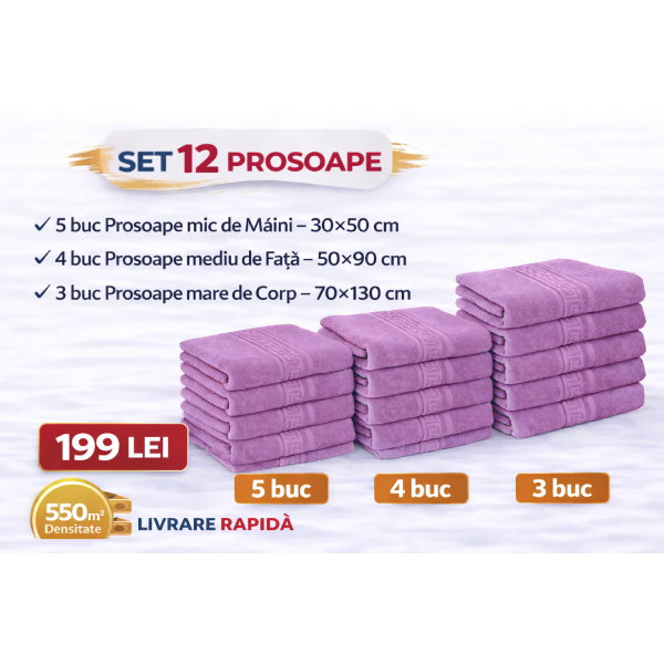 Set 12 Prosoape Maini/Fata/Corp, Bumbac 100%, 550g/m² - LILA PRS7