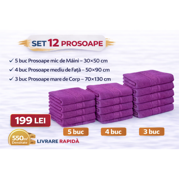 Set 12 Prosoape Maini/Fata/Corp, Bumbac 100%, 550g/m² - MOV PRS8