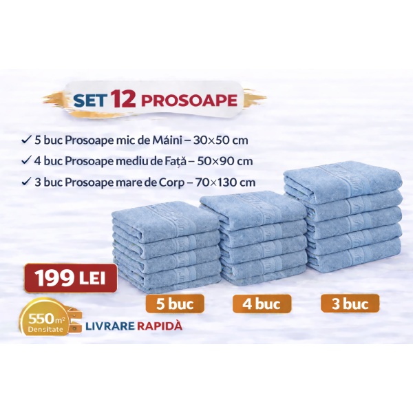 Set 12 Prosoape Maini/Fata/Corp, Bumbac 100%, 550g/m² - BLEO PRS10