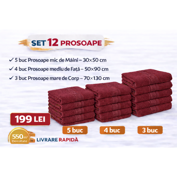 Set 12 Prosoape Maini/Fata/Corp, Bumbac 100%, 550g/m² - BORDO PRS11