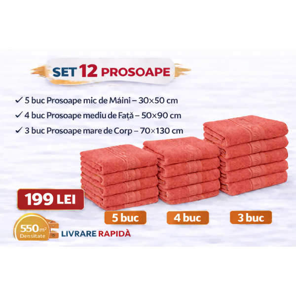 Set 12 Prosoape Maini/Fata/Corp, Bumbac 100%, 550g/m² - CORAI PRS12