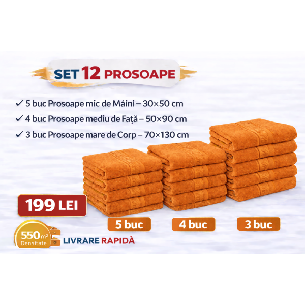 Set 12 Prosoape Maini/Fata/Corp, Bumbac 100%, 550g/m² - PORTOCALIU PRS13