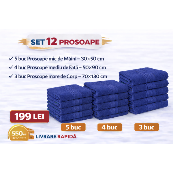 Set 12 Prosoape Maini/Fata/Corp, Bumbac 100%, 550g/m² - ALBASTRU  ROYAL PRS14