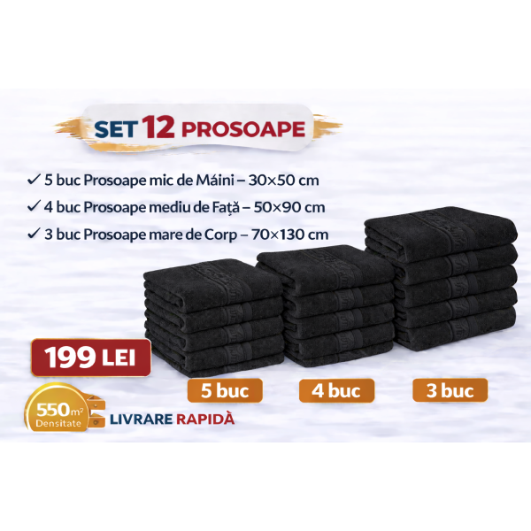 Set 12 Prosoape Maini/Fata/Corp, Bumbac 100%, 550g/m² - NEGRU  PRS15
