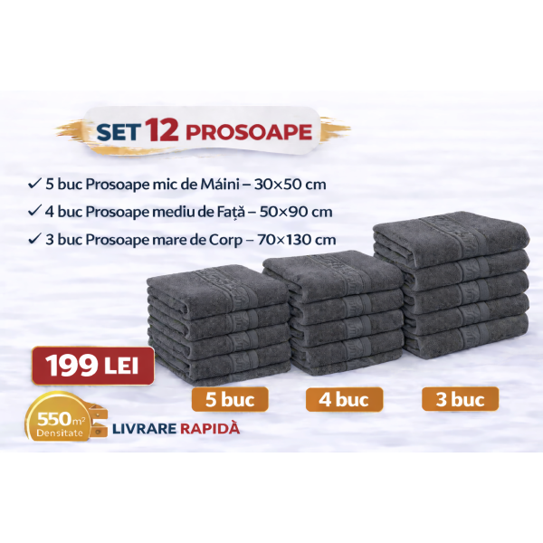 Set 12 Prosoape Maini/Fata/Corp, Bumbac 100%, 550g/m² - GRI INCHIS PRS16