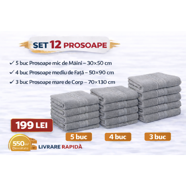 Set 12 Prosoape Maini/Fata/Corp, Bumbac 100%, 550g/m² - GRI DESCHIS PRS17