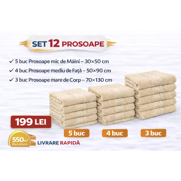 Set 12 Prosoape Maini/Fata/Corp, Bumbac 100%, 550g/m² - BEJ DESCHIS PRS18