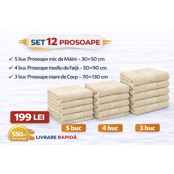 Set 12 Prosoape Maini/Fata/Corp, Bumbac 100%, 550g/m² - IVOIRE  PRS19