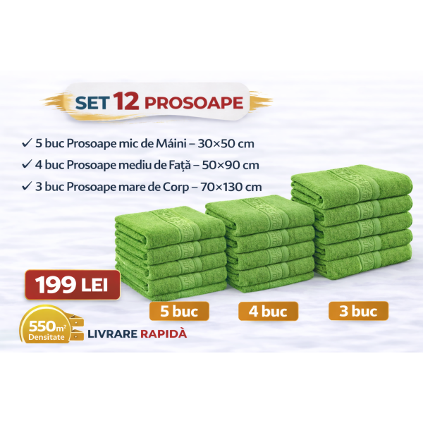 Set 12 Prosoape Maini/Fata/Corp, Bumbac 100%, 550g/m² - VERDE CRUD PRS20