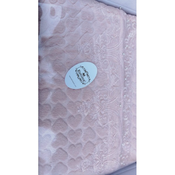 Cuvertura de lux cu broderie eleganta, 6 piese, pat 2 persoane, roz pudra model inimioare, CL6PL13