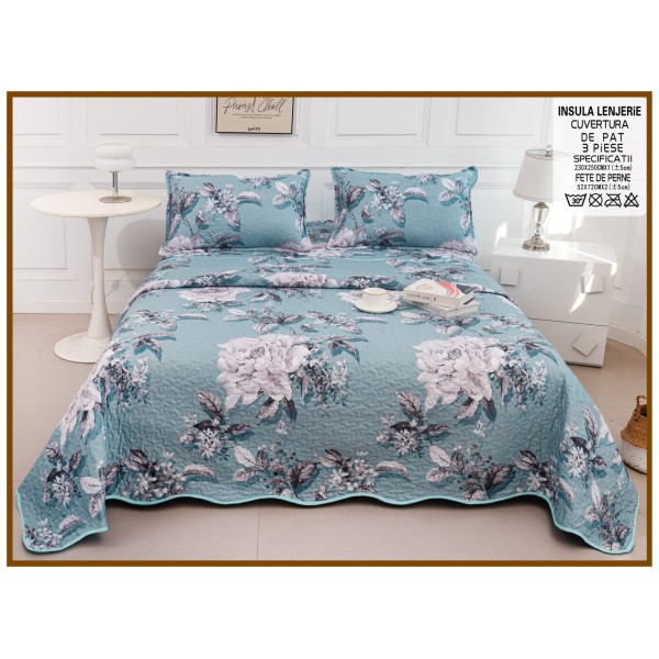 Cuvertura cu DOUĂ FEȚE pentru pat dublu din Bumbac Satinat cu model, Matlasata, 230x250cm, CVT57
