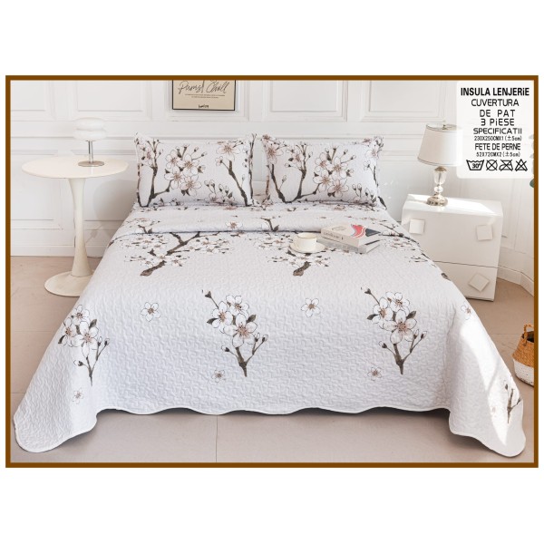 Cuvertura cu DOUĂ FEȚE pentru pat dublu din Bumbac Satinat cu model, Matlasata, 230x250cm, CVT59