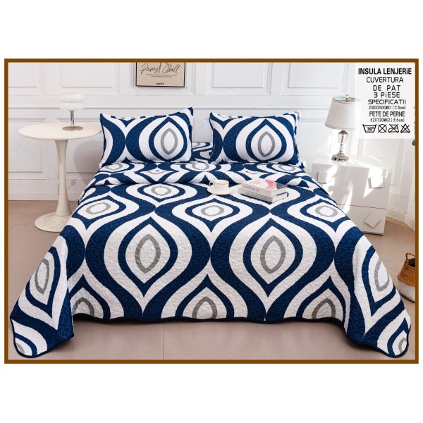 Cuvertura cu DOUĂ FEȚE pentru pat dublu din Bumbac Satinat cu model, Matlasata, 230x250cm, CVT61