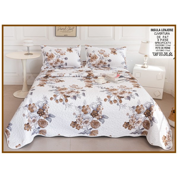 Cuvertura cu DOUĂ FEȚE pentru pat dublu din Bumbac Satinat cu model, Matlasata, 230x250cm, CVT62