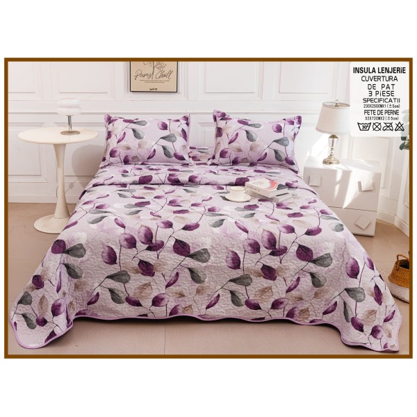 Cuvertura cu DOUĂ FEȚE pentru pat dublu din Bumbac Satinat cu model, Matlasata, 230x250cm, CVT65