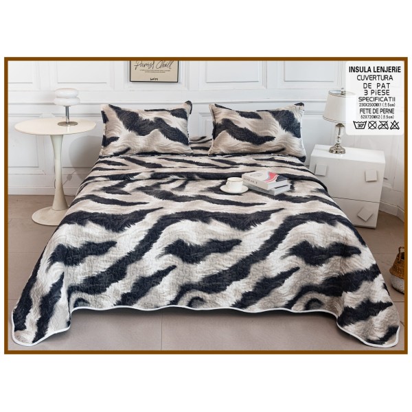 Cuvertura cu DOUĂ FEȚE pentru pat dublu din Bumbac Satinat cu model, Matlasata, 230x250cm, CVT66
