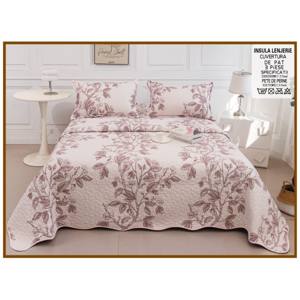 Cuvertura cu DOUĂ FEȚE pentru pat dublu din Bumbac Satinat cu model, Matlasata, 230x250cm, CVT68