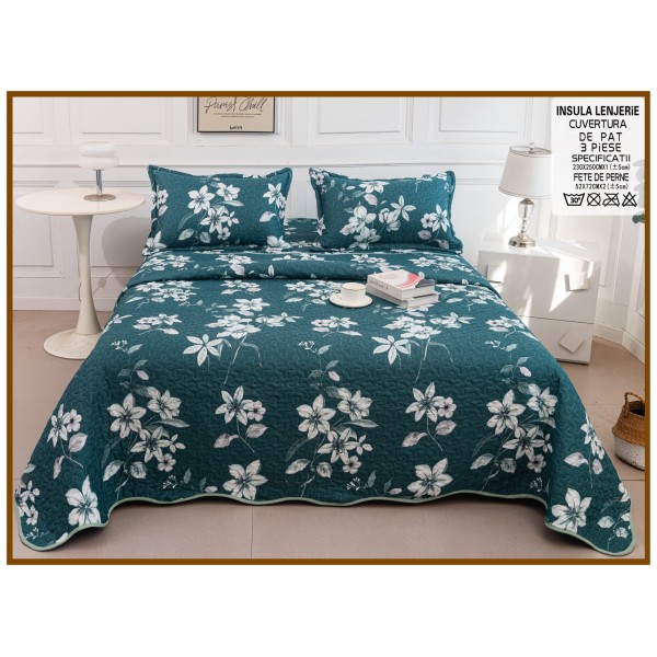 Cuvertura cu DOUĂ FEȚE pentru pat dublu din Bumbac Satinat cu model, Matlasata, 230x250cm, CVT70