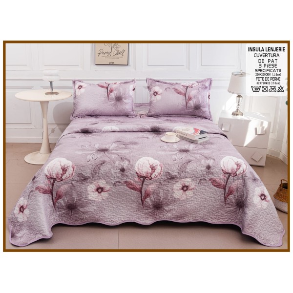 Cuvertura cu DOUĂ FEȚE pentru pat dublu din Bumbac Satinat cu model, Matlasata, 230x250cm, CVT74