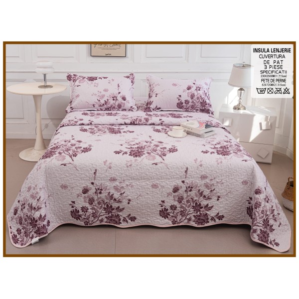 Cuvertura cu DOUĂ FEȚE pentru pat dublu din Bumbac Satinat cu model, Matlasata, 230x250cm, CVT75