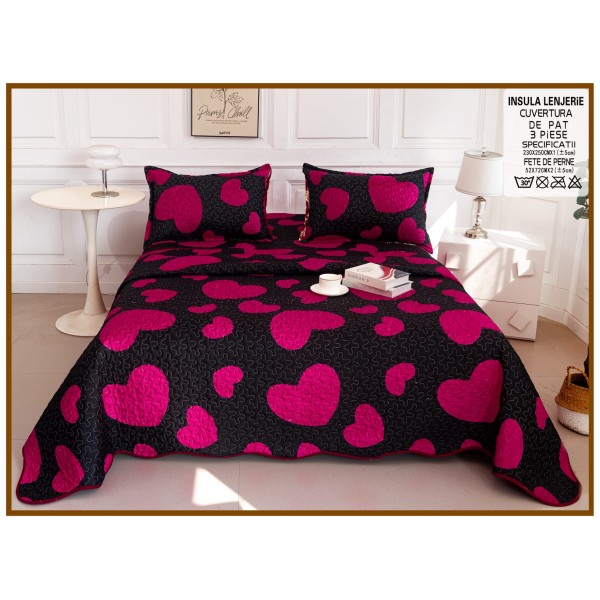 Cuvertura cu DOUĂ FEȚE pentru pat dublu din Bumbac Satinat cu model, Matlasata, 230x250cm, CVT77