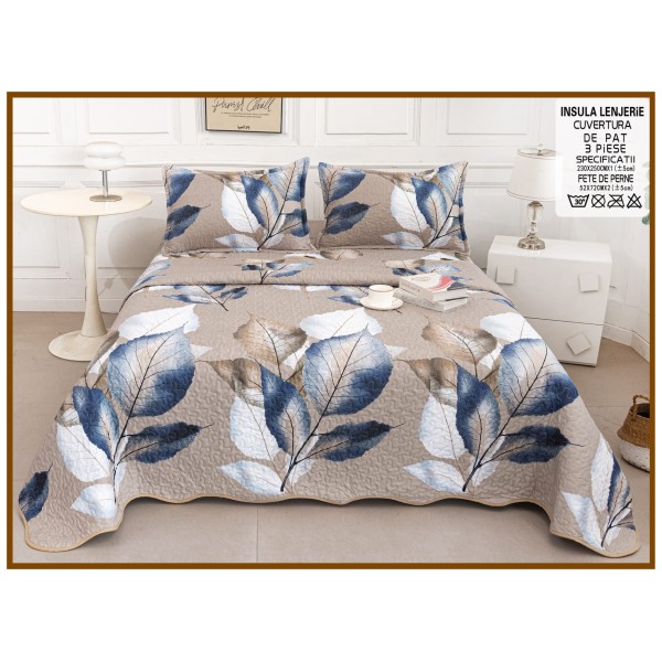 Cuvertura cu DOUĂ FEȚE pentru pat dublu din Bumbac Satinat cu model, Matlasata, 230x250cm, CVT78