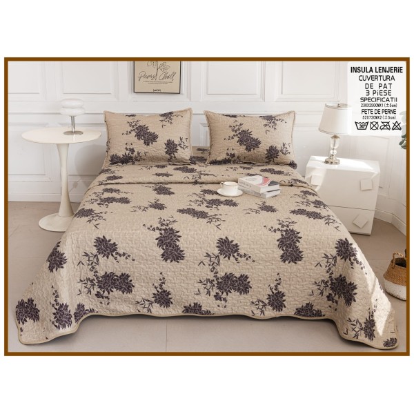 Cuvertura cu DOUĂ FEȚE pentru pat dublu din Bumbac Satinat cu model, Matlasata, 230x250cm, CVT79