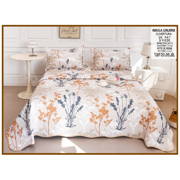Cuvertura cu DOUĂ FEȚE pentru pat dublu din Bumbac Satinat cu model, Matlasata, 230x250cm, CVT80