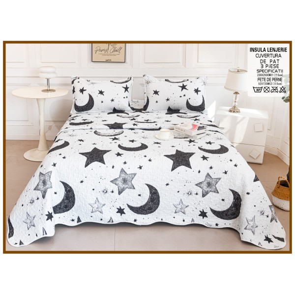 Cuvertura cu DOUĂ FEȚE pentru pat dublu din Bumbac Satinat cu model, Matlasata, 230x250cm, CVT82