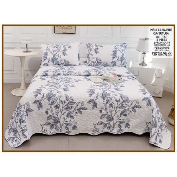 Cuvertura cu DOUĂ FEȚE pentru pat dublu din Bumbac Satinat cu model, Matlasata, 230x250cm, CVT85