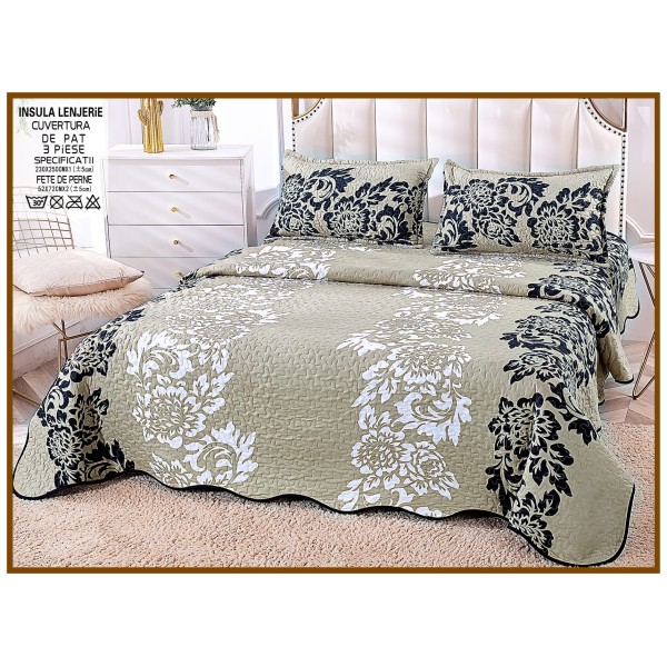 Cuvertura cu DOUĂ FEȚE pentru pat dublu din Bumbac Satinat cu model, Matlasata, 230x250cm, CVT87