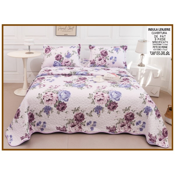 Cuvertura cu DOUĂ FEȚE pentru pat dublu din Bumbac Satinat cu model, Matlasata, 230x250cm, CVT88