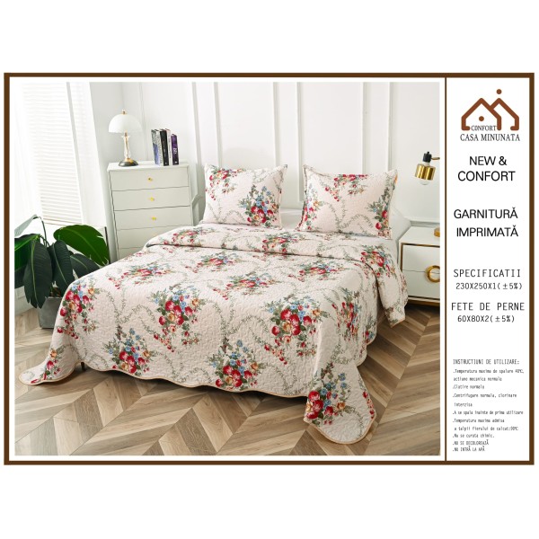 Cuvertura cu DOUĂ FEȚE pentru pat dublu din Bumbac Satinat cu model, Matlasata, 230x250cm, CVT92