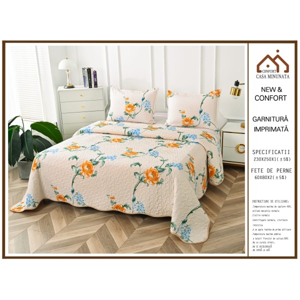 Cuvertura cu DOUĂ FEȚE pentru pat dublu din Bumbac Satinat cu model, Matlasata, 230x250cm, CVT93