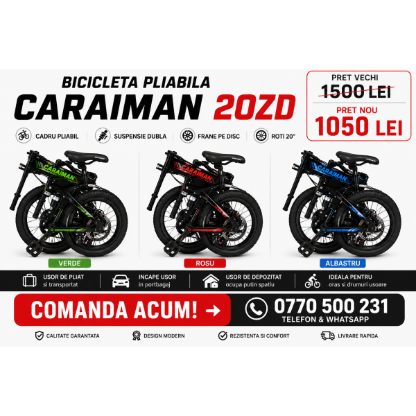 Bicicletă Caraiman, 20ZD, pliabilă, roți 20 inch, cu dublă suspensie, frâne pe disc, ROSU 20ZD2 Bicicletă Caraiman, 20ZD, pliabilă, roți 20 inch, cu dublă suspensie, frâne pe disc, ROSU 20ZD2