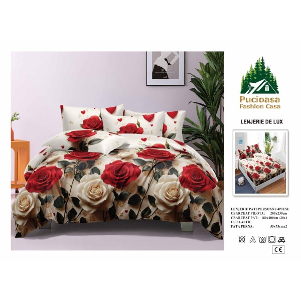 Lenjerie de Pat 2 Persoane 4 Piese cu Elastic – Model Modern, CEARCEAF CU ELASTIC 180X200,LTY4